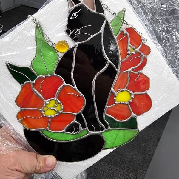 Suncatcher Black Cat in Poppy Flowers Stained Glass Window Hangins ...