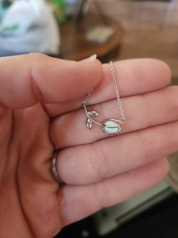 Dainty Encased Opal Tulip Wrap Necklace, Aesthetic, Simple, Gold, Silver Elegant, Minimal Jewelry, bridesmaid, Delicate, Layering Her Gift