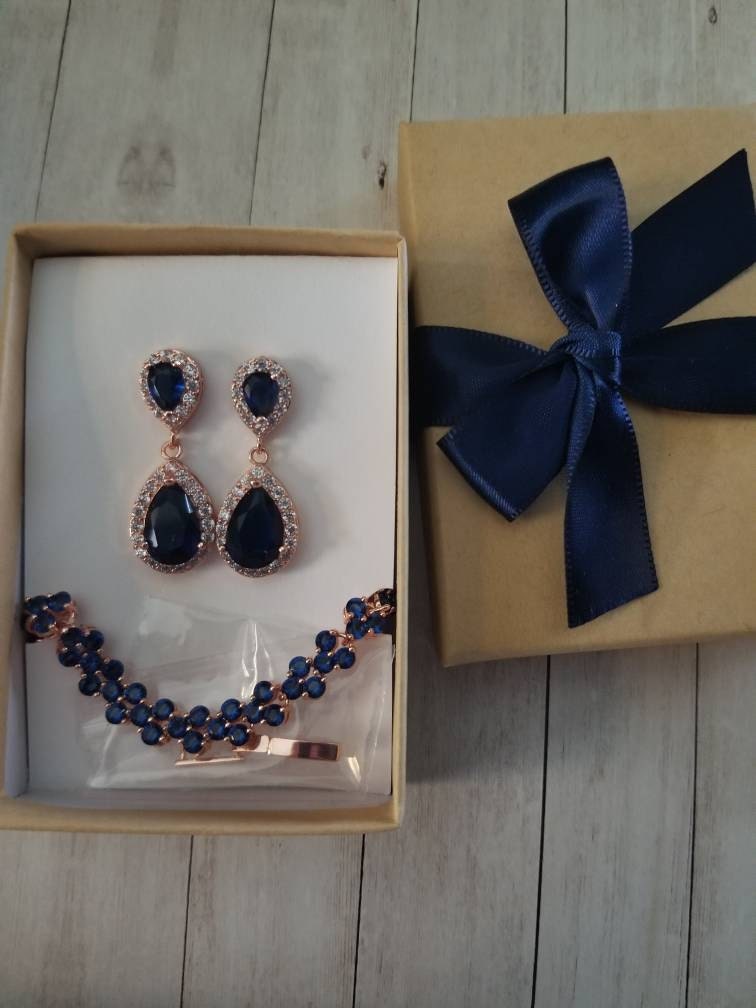 Bridal party bracelet earrings set Navy tear drop cubic zirconia earrings, Blue bridesmaid gift set, Navy blue earrings XY1