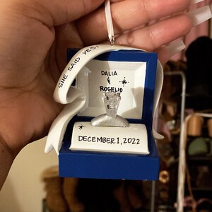 Personalized Blue Box Engaged Ring Christmas Ornament We're Engaged ...