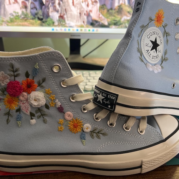 Custom Converse Wedding Sneakers, Rainbow Bridal Flowers Embroidered ...