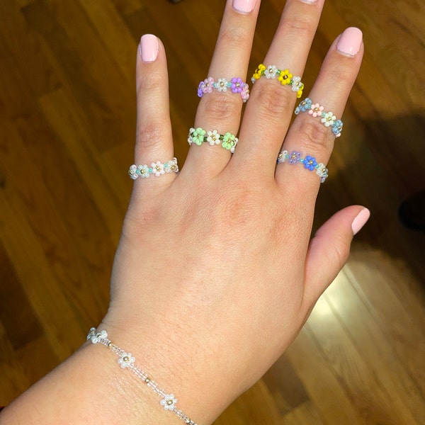 Colorful Pastel Flower Bead Rings / Cute Flower Beaded Rings / Dainty ...