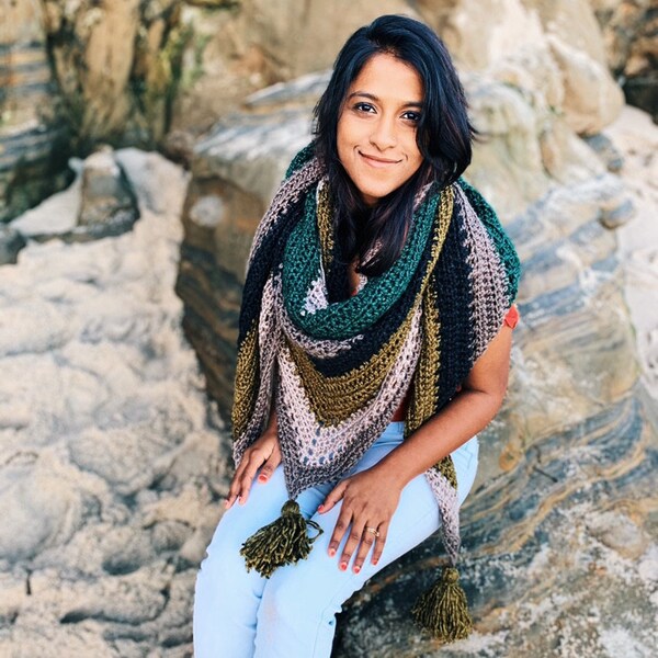 Crochet Pattern // Striped Tassels Triangle Top Down Shawl Scarf Eyelet ...