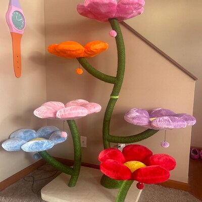 View of Wooden Cat Tree Tower, Wood Floral Cat Tree Tower, Modern Cat Tree, Cat ...
