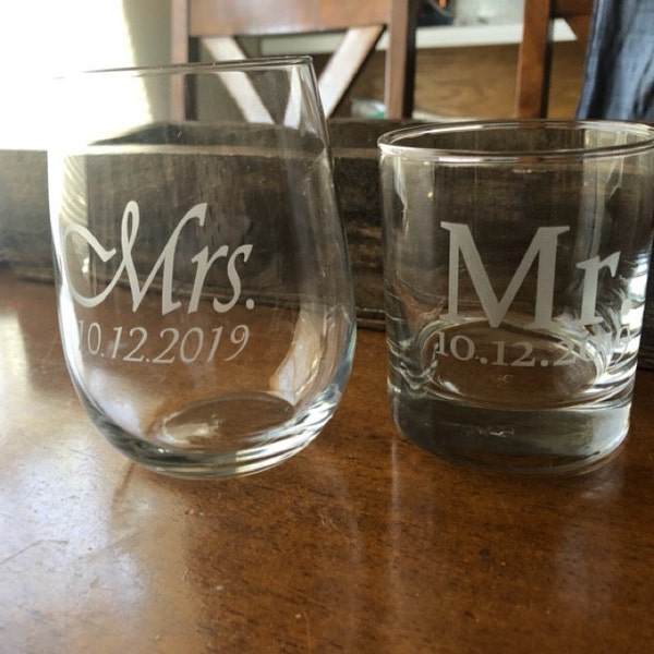 Whiskey and Wine Glass Set, Custom Engraved, Mr. and Mrs. Glasses, Gift ...