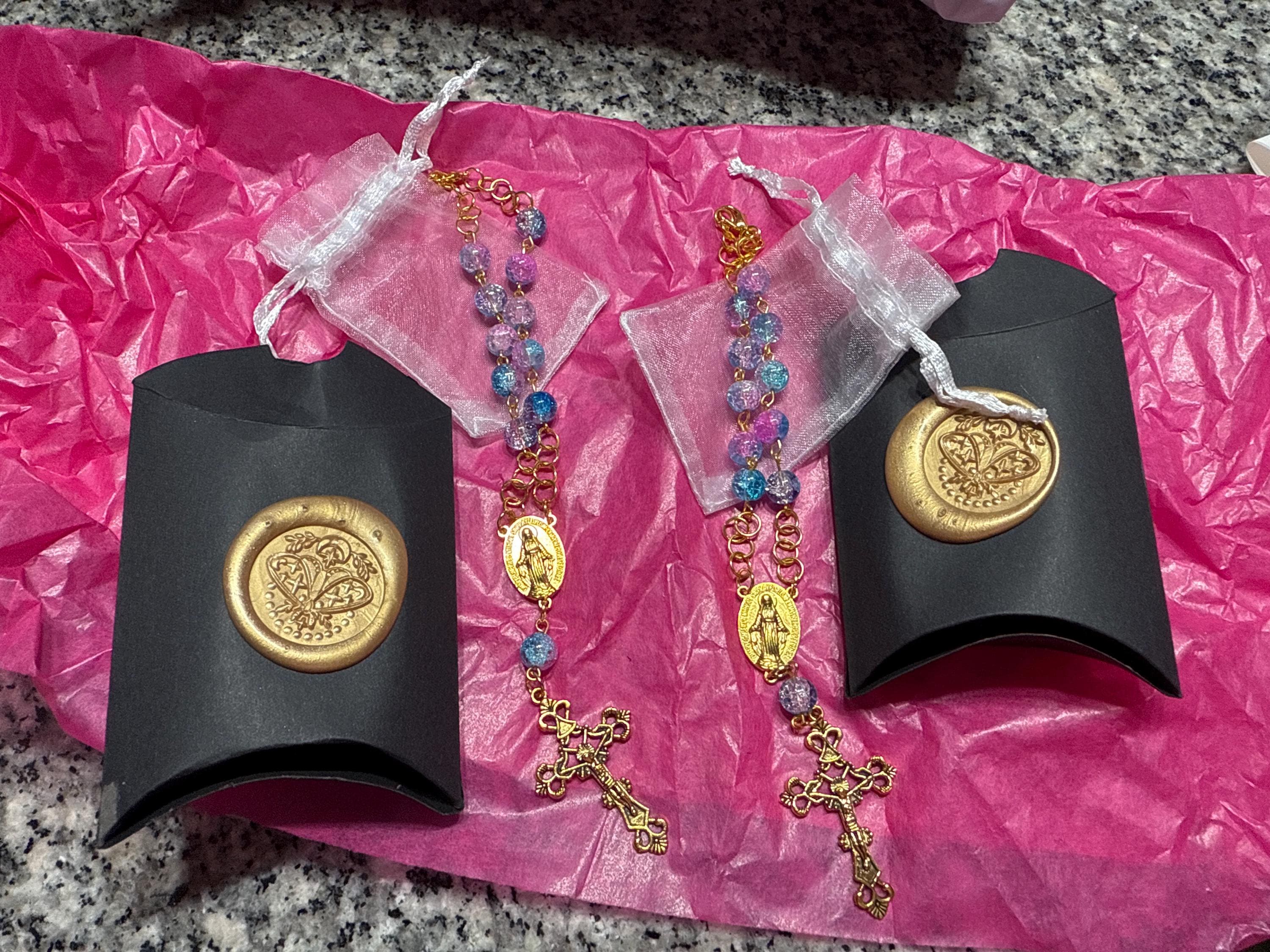 Rear View Mirror Car Rosary Beads - Antique Gold Cross Pendant - Car Protection Beads - New Glass Bead Colors!