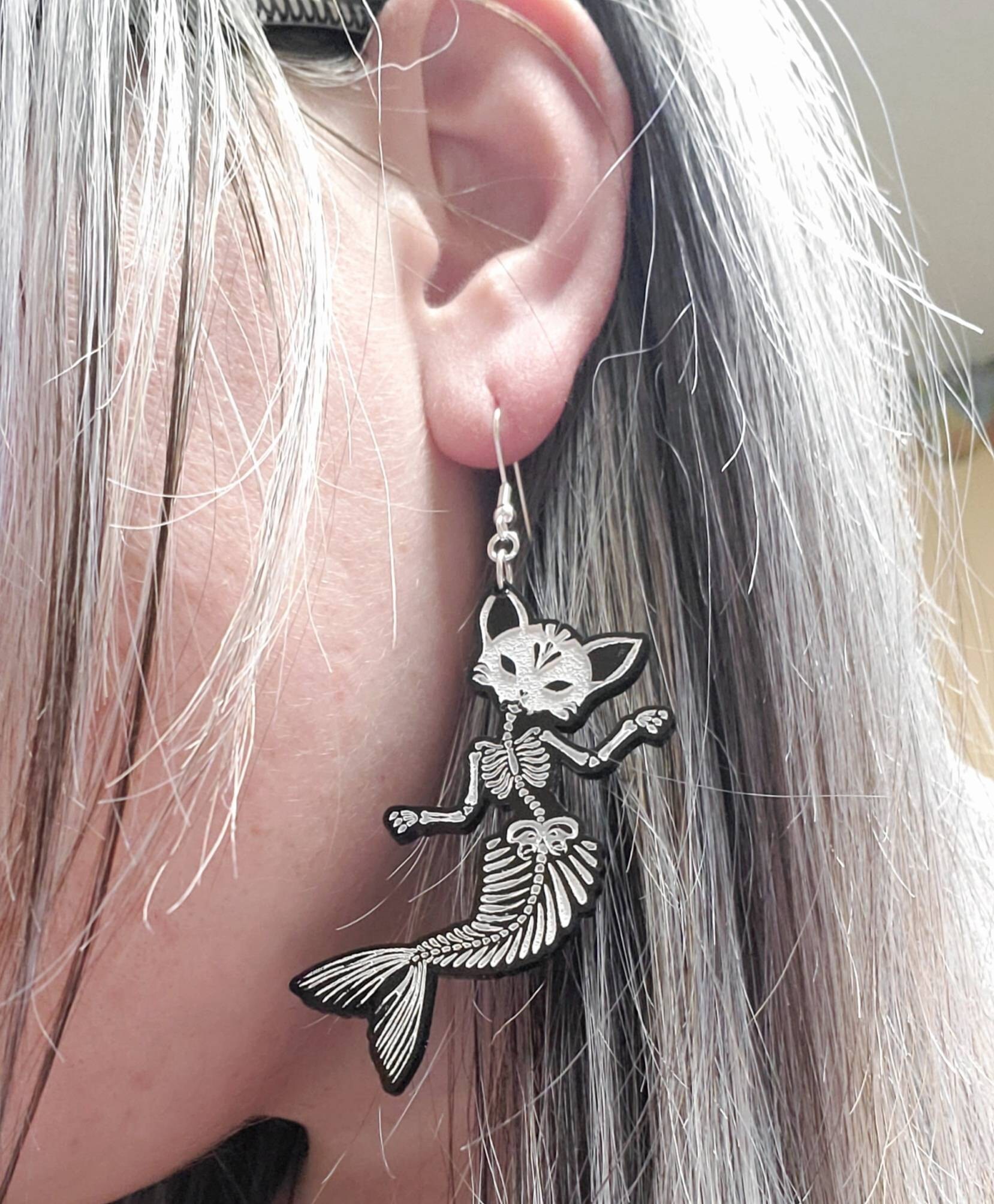 Cat Mermaid Skeleton Acrylic Earrings, Pastel Goth Purple Pink Turquoise