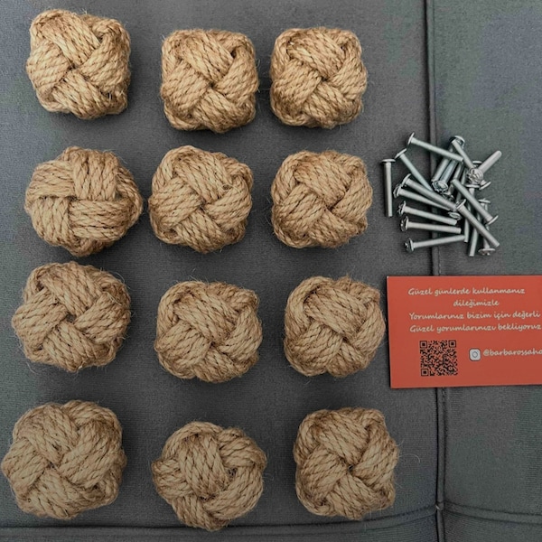Set of 4 Jute Rope Door Knobs, Rope Knot Drawer Pulls & Handles, Pull