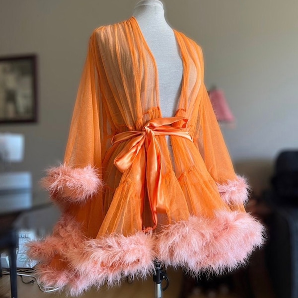 Pink Mini Feather Boudoir Bridal Robe - Handmade Robe | VIXEN Robes - Etsy