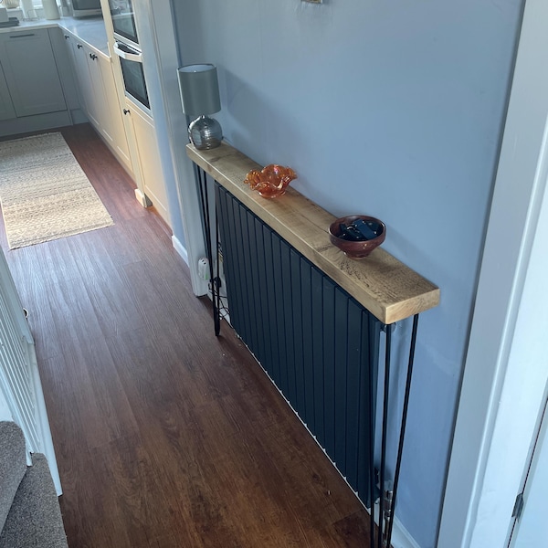 Diy Radiator Table Hand-made Rustic Radiator Cover With Black Three Pin Hairpin Legs ...
