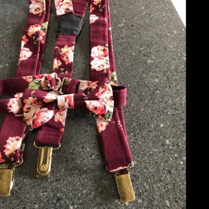 burgundy bow tie and suspenders wedding