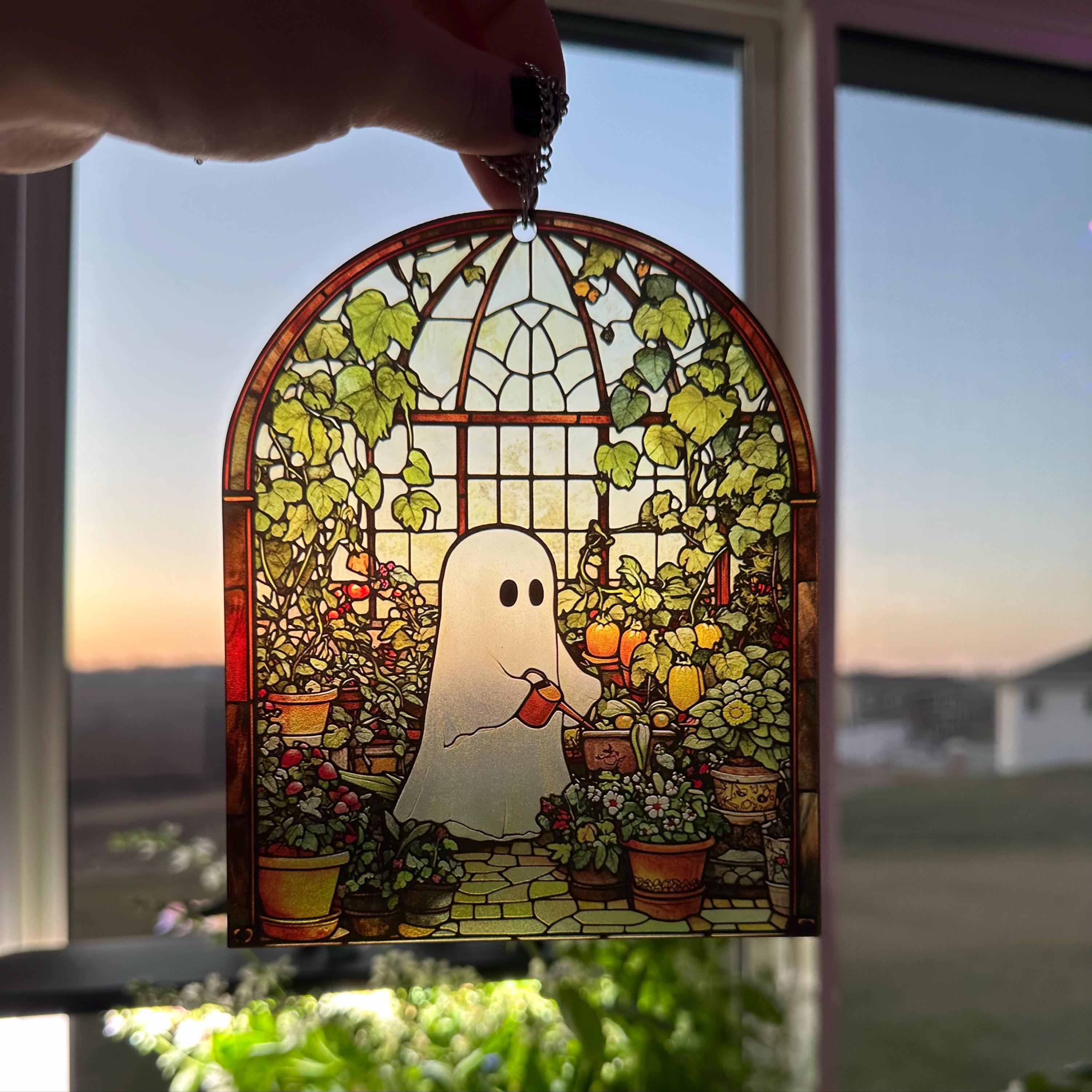 Cute Ghost Greenhouse Suncatcher Ornament, Halloween Ghost Acrylic Window Hangings, Plant Lovers Gift, Halloween Home Decor, Gift For Mom