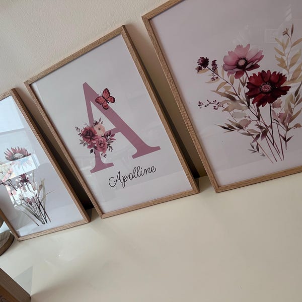 Lot 3 Affiches Prénom Enfant Cygne Rose - Tableau Personnalisé Bébé Fille 30x40 Cm - Décoration Murale Chambre Princesse