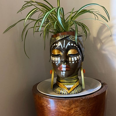 African Queen Human Face Shaped Flower Pot Female Head Planter Concrete ...