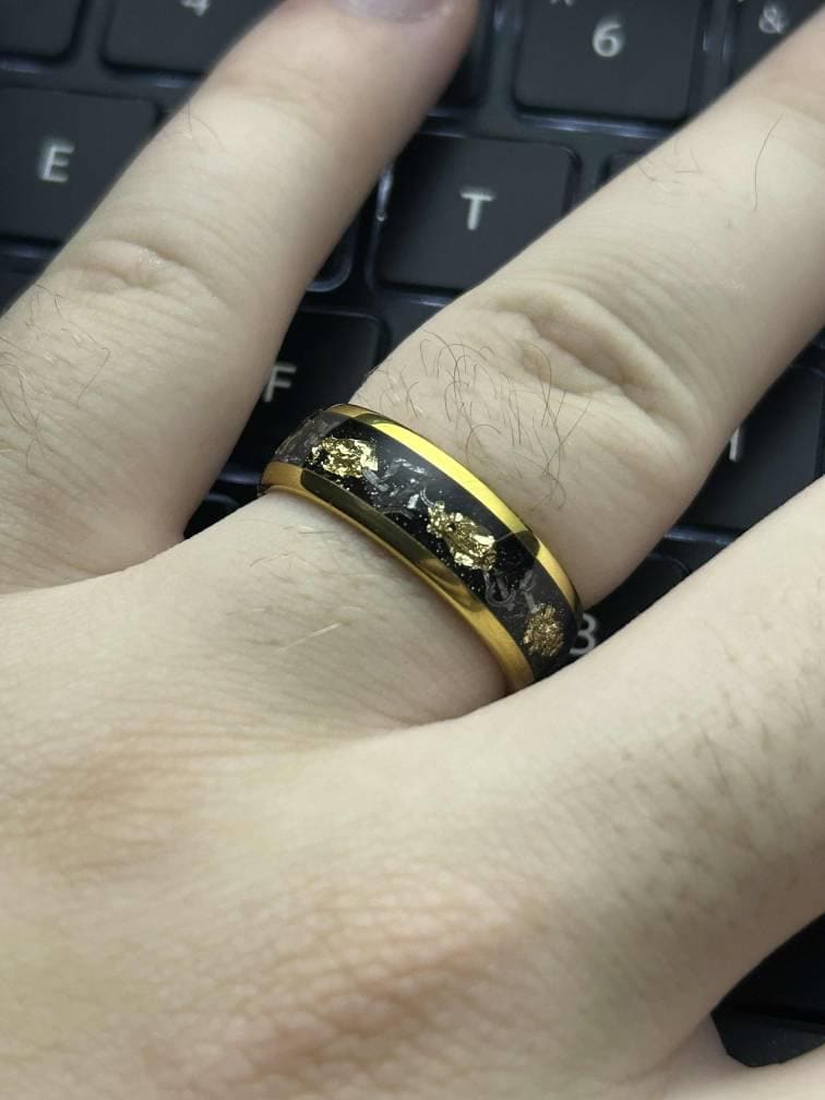 Meteorite Gold Leaf Flakes Wedding Band, Crushed Meteorite & Gold Ring, Mens Wedding Band, Tungsten Ring, Mens Ring, Promise Ring