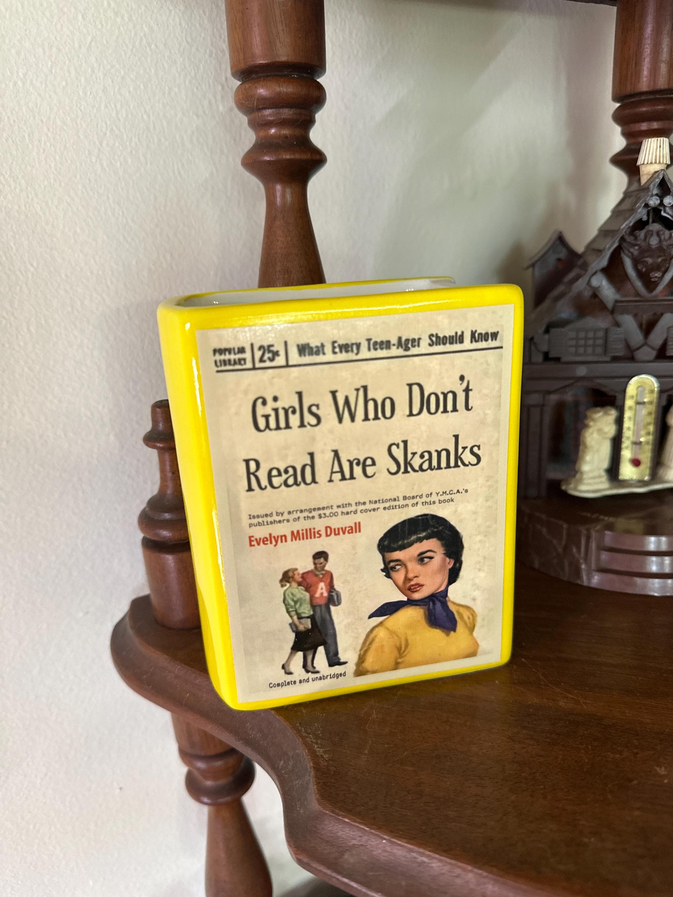 Book vase, Girls who Don't Read are Skanks, vintage pulp novel, pencil holder, planter, gift for reader,