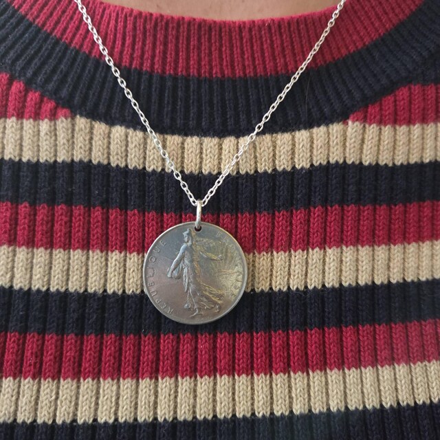 Pendentif Ancien Rare Avec Pièce De 1 Franc & Chaîne - Vintage French Antique