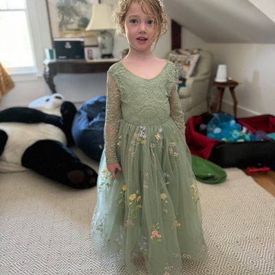 Girls Sage Floral Embroidered Organza Smock Dress – Tween Boutique Dress (Ages 7–14) main image 1