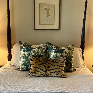 Jennifer Shorto- Petrel In Blue Natural Linen Patchwork Modern Pillow Cover - Blue and Tan Arts and Craft style
