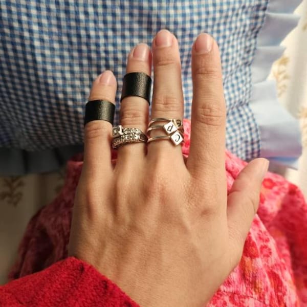 Midi Leather Ring Black Double Stacking Finger Cuff for Her Thumb Ring ...