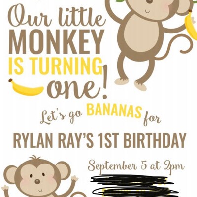 Editable Monkey Invite First Invitation Birthday ANY AGE Digital Little Bananas 5x7 Personalized ...