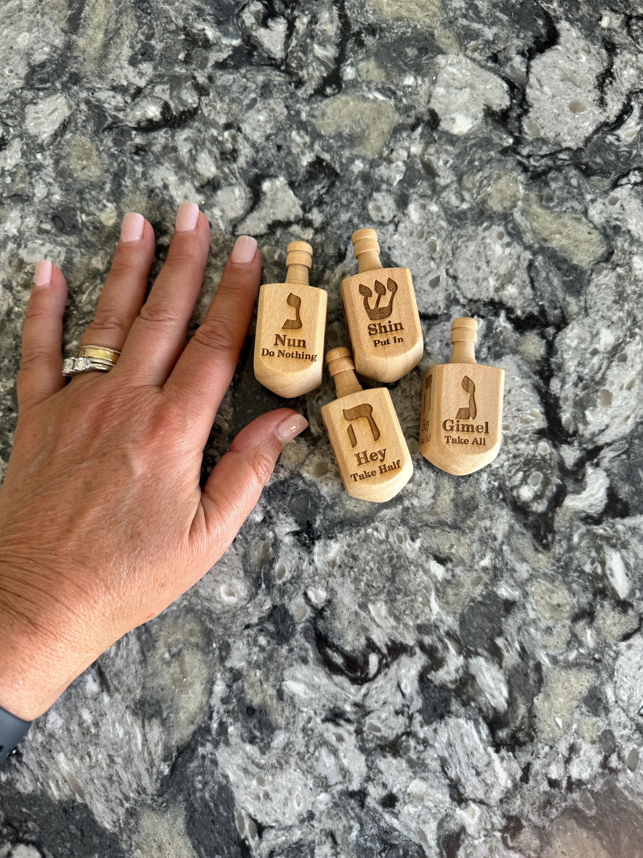 Wooden Dreidel Engraved with Hebrew and English Instructions