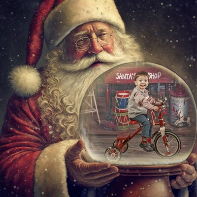 Santa Claus Holding Snow Globe Digital Background, Christmas Digital