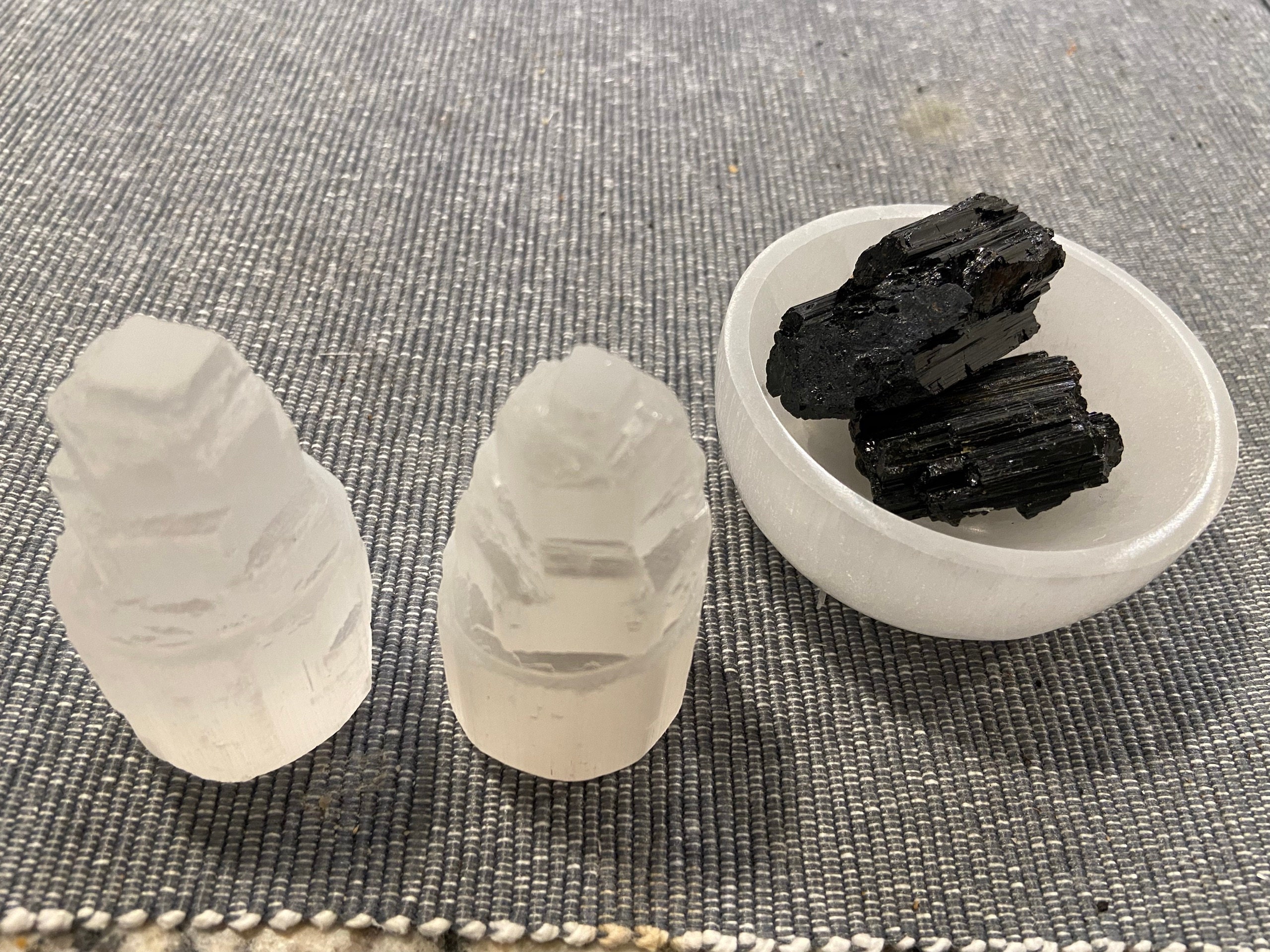 2 Selenite Towers & 2 Extra Grade Black Tourmaline Logs: Home Protection Kit