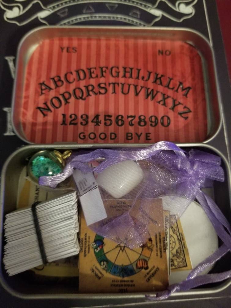 mini tarot tin, mini tarot kit, on the go mini tarot tin, palmistry ouija board psychic spell kit, mini tarot card deck, mini ouija board,
