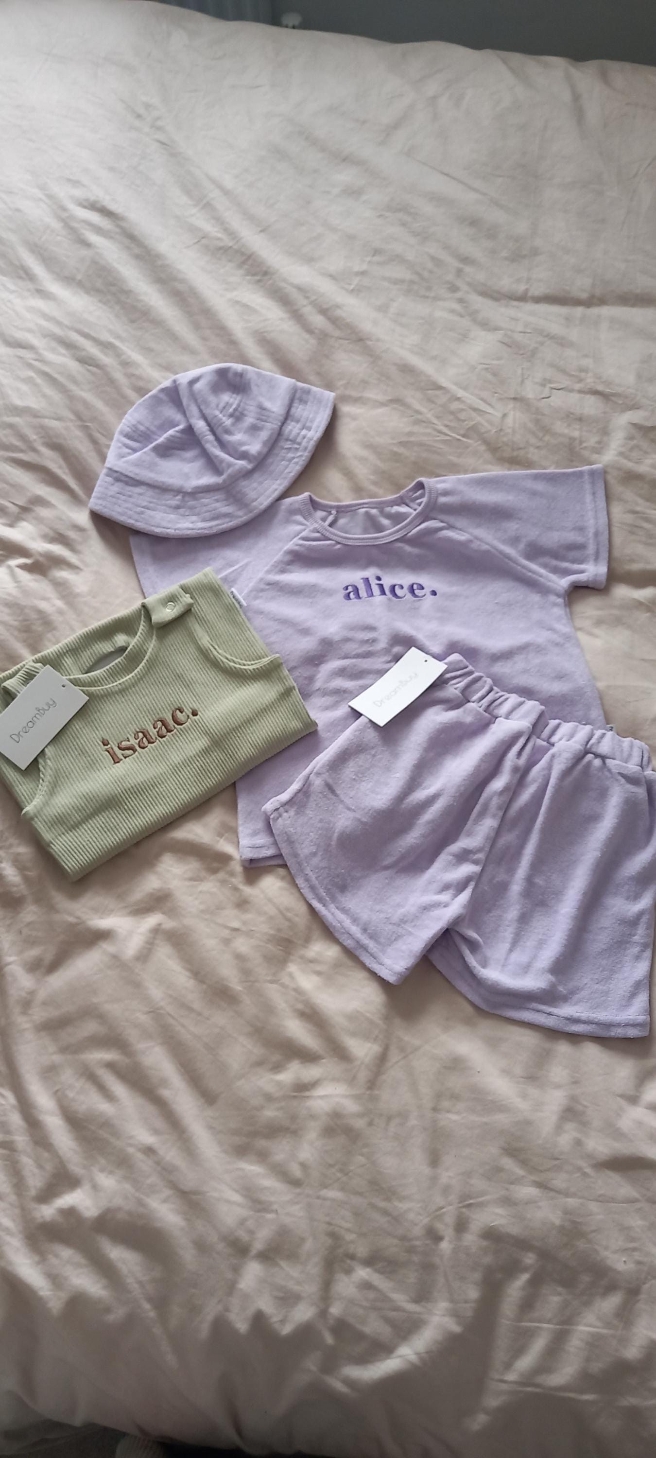 Summer Personalized 3pcs Towelling Sets Embroidered Kids Personalised T-shirt & Shorts Baby Toddler Outfit Matching Sibling Beach Outfit