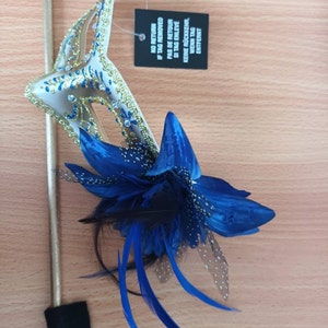 Pretty Blue and Gold With Flower Masquerade Mask on a Gold Stick - Etsy