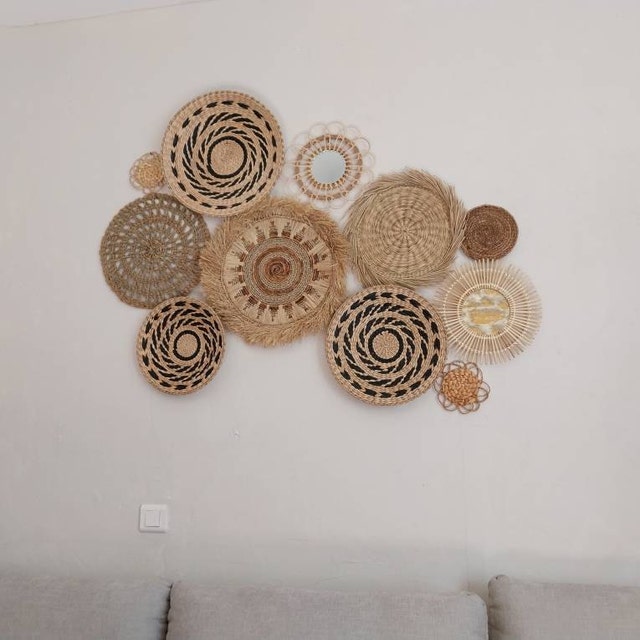 Lot De 7 Paniers Muraux Bohèmes - Paille Tissée, Différentes Tailles, Déco Salon Ou Chambre