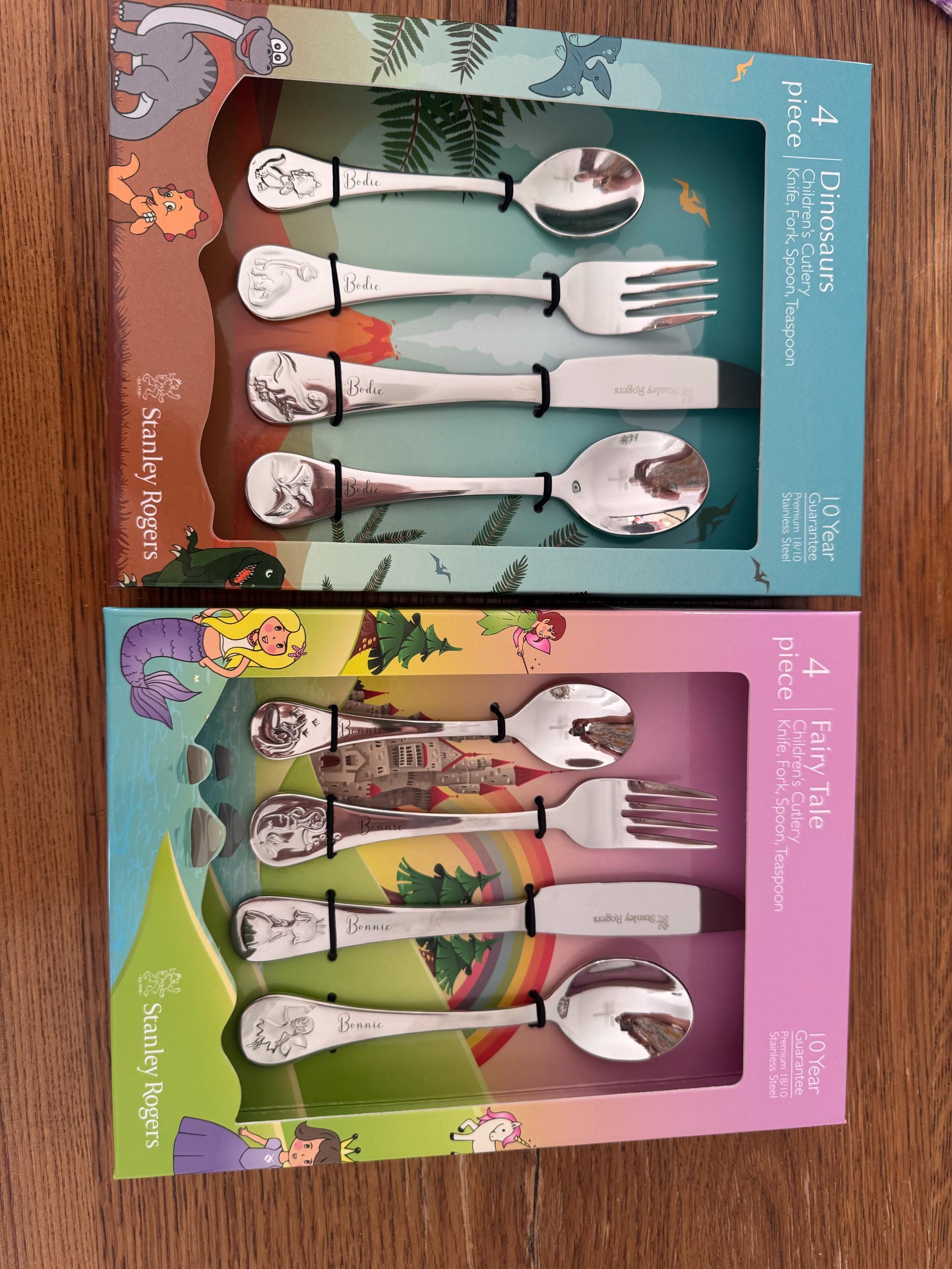 Custom Laser Engraved Baby/Toddler Cutlery 4 Piece Set Dinosaurs Embossed Stanley Rogers