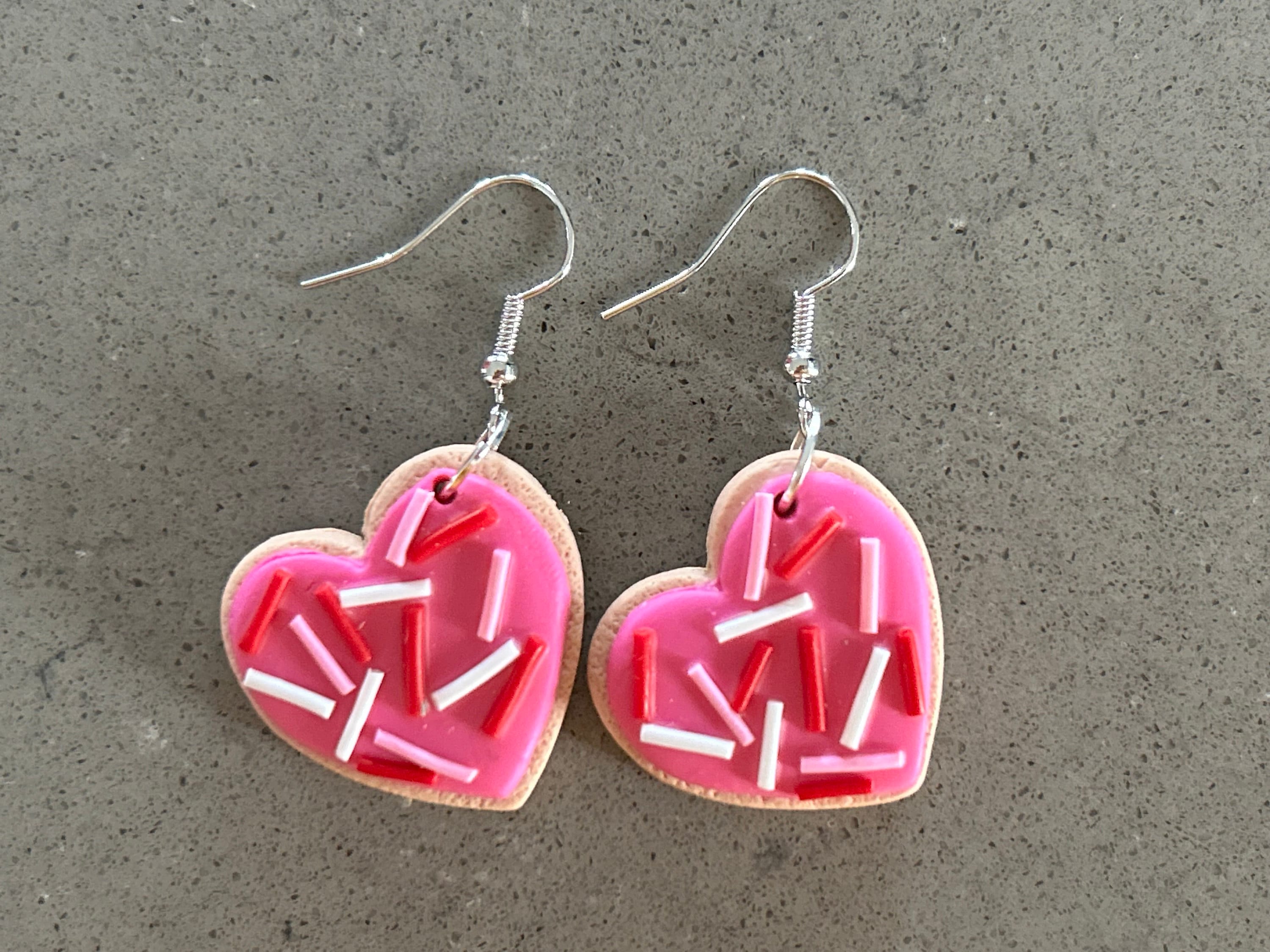 Valentines Day Earrings Polymer Clay Earrings Red pink Heart Cookie Love Earrings Light Weight Fish Hook Wires Sweater Mason Jar Earrings