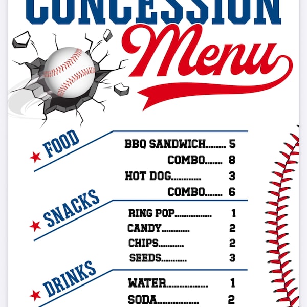 Baseball Concession Menu Poster | Baseball Refreshment Stand Price List ...