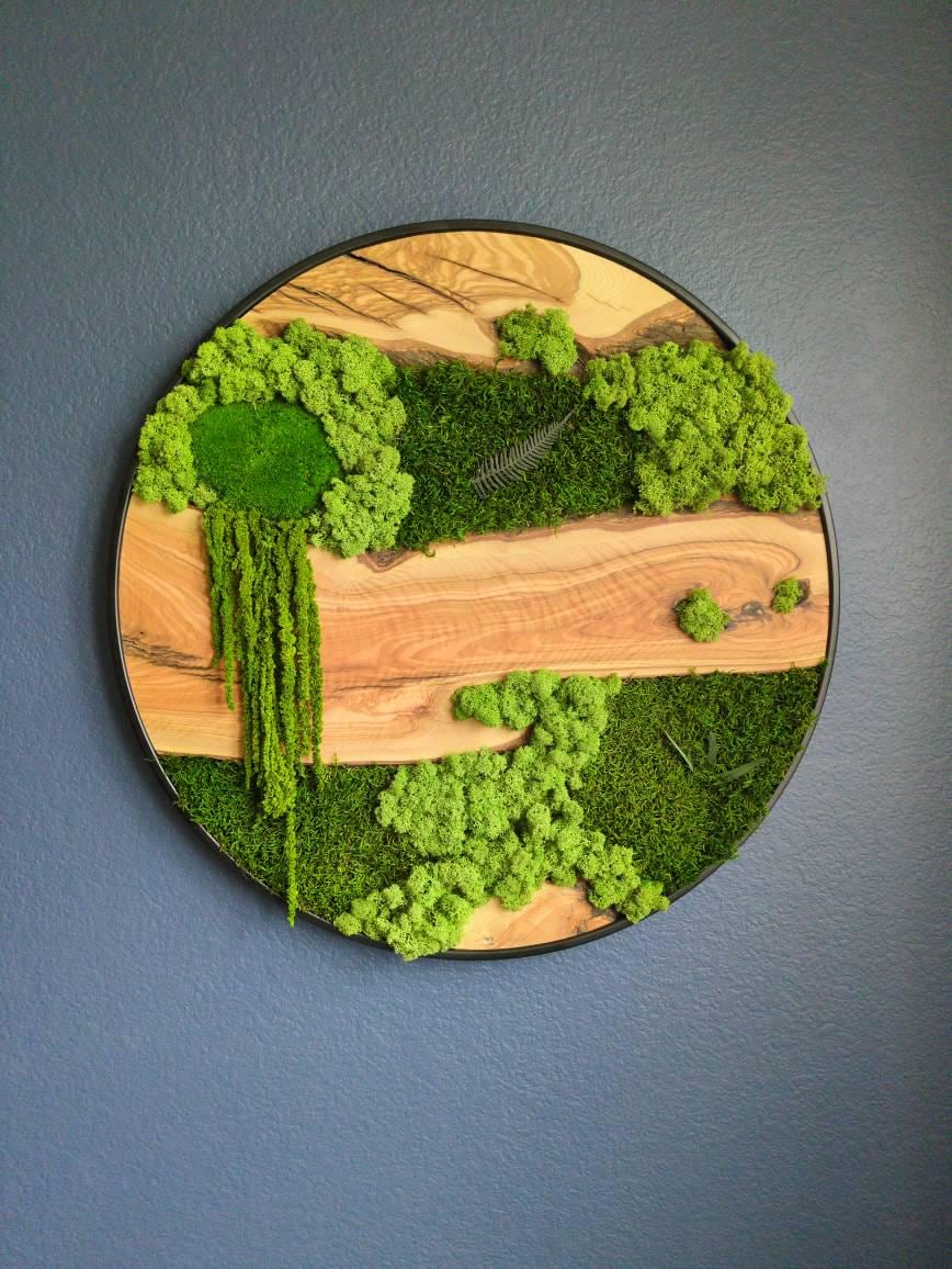 Custom Made Moss and Olive Wood Wall Art, Metal Frame Moss Wall Decor, Olive Wood and Moss Wall Art- Preserved Stabilized Moss Wall Decor