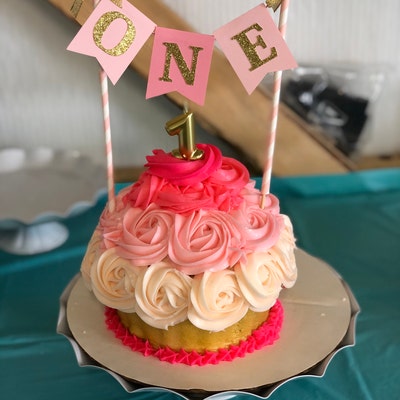 One Pink and Gold Smash Cake Topper Banner, Baby Girl 1st Birthday ...