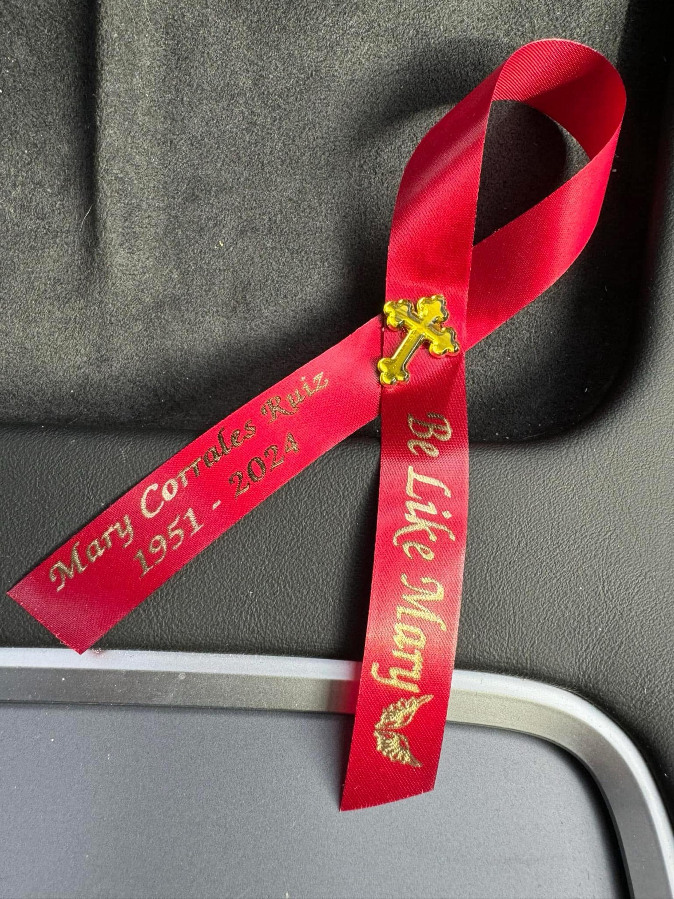 Personalized Memorial Ribbons with Pins for Funeral or Celebration of Life Assembled Fundraiser Awareness Ribbon - Rose Center Decoration