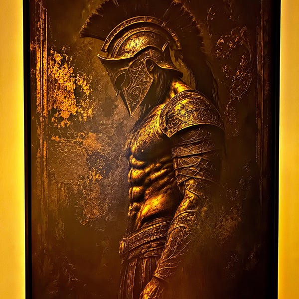 Manuel's Spartan Hoplite Canvas | Dark Greek Oil Painting | Moody Warrior Art Print canvas print in their home — Antarmada