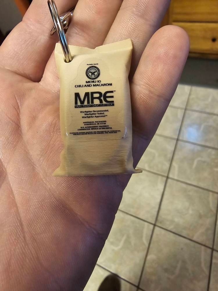 MRE Chili-Mac Keychain -Great Military gift for Army, Marines, Navy, Airforce, Coast Guard or Spaceforce - Perfect gift for Veterans!