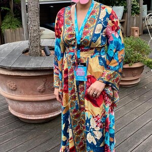 Long Boho Silk Dress, Vintage Silk Dress, Plunging Neckline