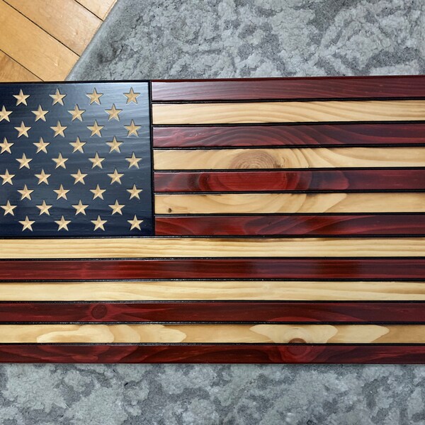 Handmade Rustic Wooden American Flag – Patriotic Wall Art Décor, 34x19.5 Inches