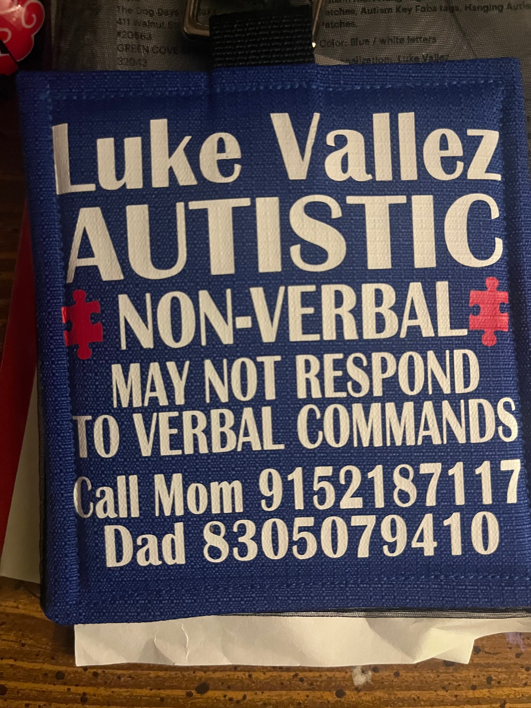 Autism Alert Hang Tag, Personalized Medical Alert Hanging Patches