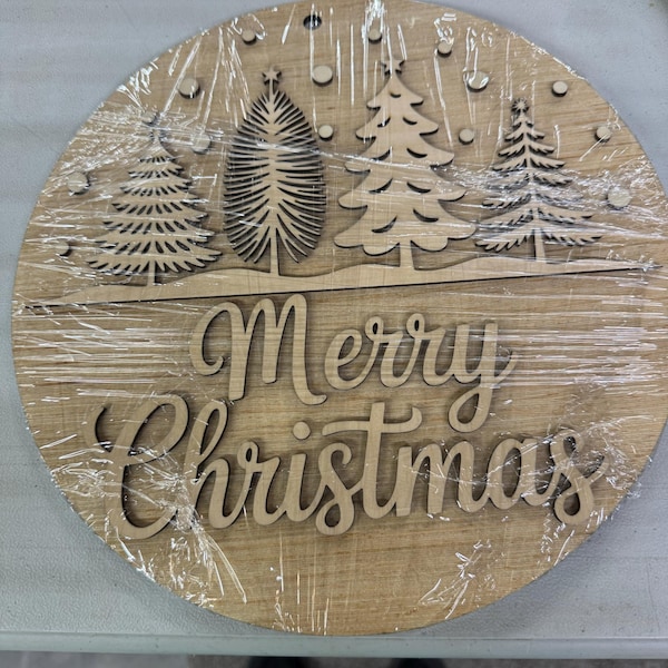 Merry Christmas Door Hanger SVG, Round Wooden Holiday Sign Laser Cut ...