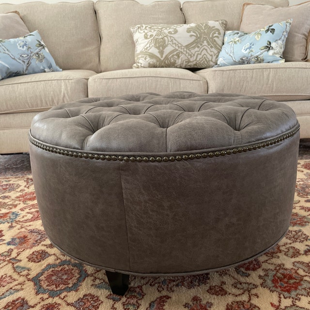 Granite Grey Distressed Vegan Leather Ottoman Tufted Upholstered Round Etsy