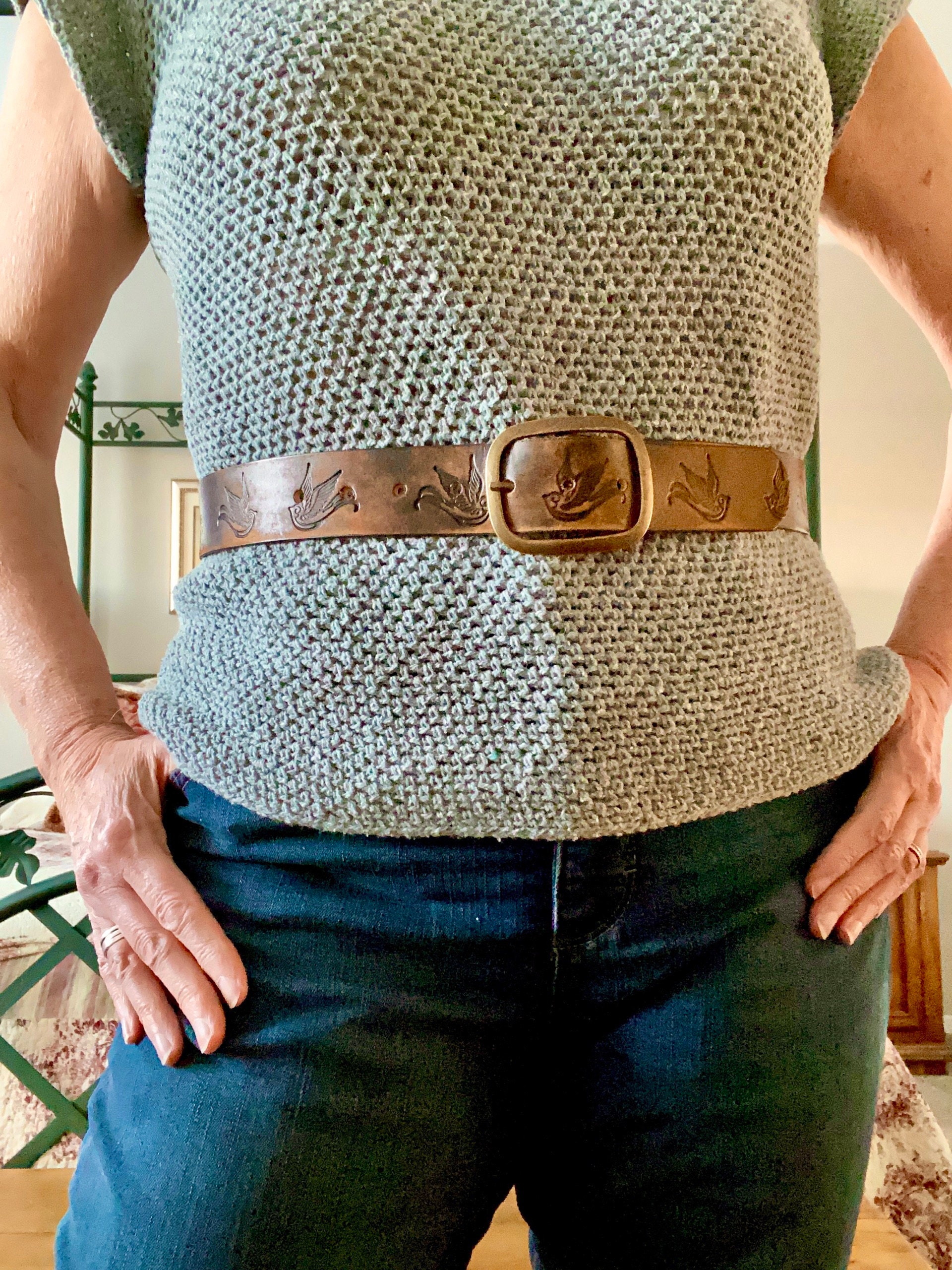 Leather Belt Sparrow Vintage Aged Leather belt - embossed sparrow snap belt  Handmade in USA Groomsmen Wedding Swallow Bird Tattoo Flash Art