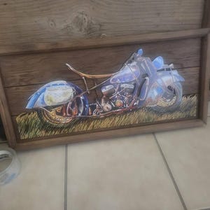 Handmade 3D Oak Tree Vintage Motorcycle Wood Painting, Custom Wood