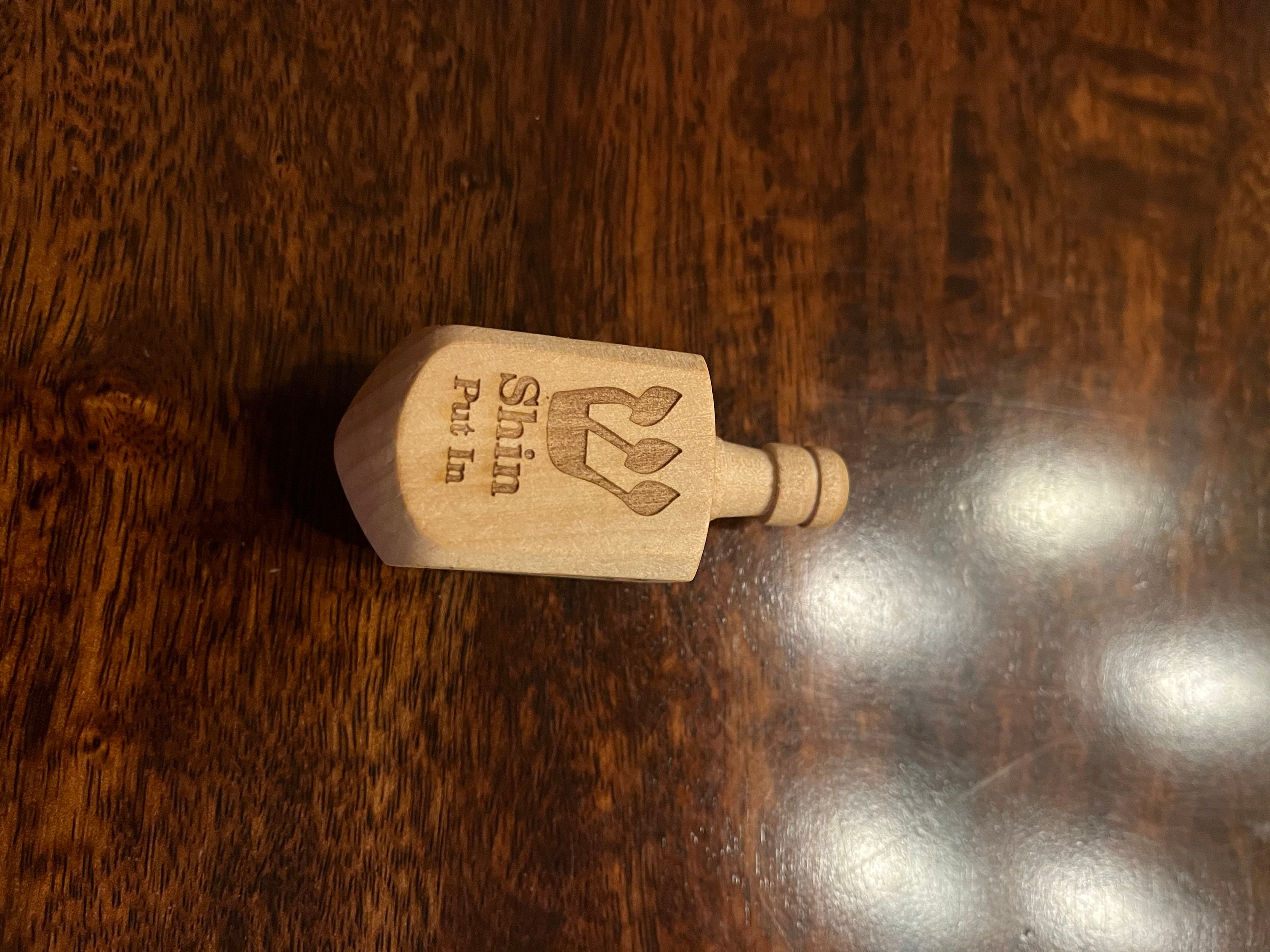 Wooden Dreidel Engraved with Hebrew and English Instructions
