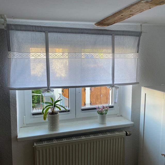 Skandinavisch, Raffrollo, Streifen, gestreifte Gardine, grau, weiß, beige, Vorhang, vintage, Scheibengardine, Raffgardine, Shabby, Landhaus