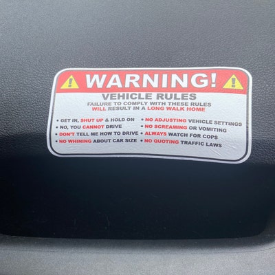 WARNING Vehicle Rules Instructions Safety Funny Adhesive Sticker Decal ...